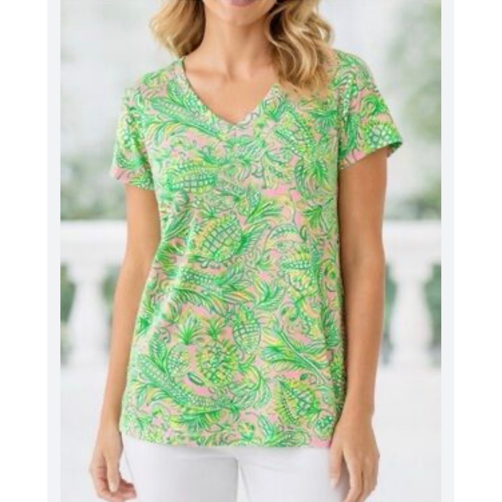 Lilly Pulitzer Etta V-Neck T-Shirt XL Pink Green Pineapple Paisley Cotton Slub